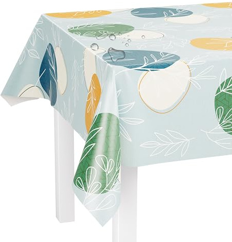 LILENO HOME Bordsduk, tvättbar som metervara 220 x 140 cm (skärkant) i cirklar och ormbunkar, blått motiv – vaxduk vattenavvisande perfekt som bordsduk eller bordslöpare för öltält-set