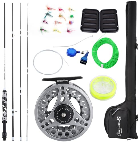 Kit di Avvio Combo Pesca a Mosca Standard Sougayilang, Canna da Pesca Fliegenrute da 9' con Manico in SuperPolymer, Peso 5/6, Accessori, Borsa da Trasporto, Fly Box per Pesca a Mosca - Nero
