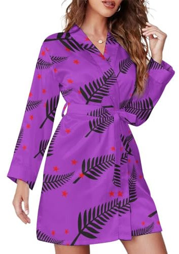 GQWJKSZ Bademantel für Damen mit neuseeländischer Maori-Farne-Flagge, knielang, Spa-Robe, Nachthemd, Schalkragen, leichte Roben