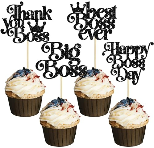 Gyufise 24Pcs Happy Boss Day Cupcake Toppers Glitter Boss Cupcake Toppers Best Boss Thank You Boss Cake Picks for Boss Theme Birthday Party Cake Decoration Supplies Black