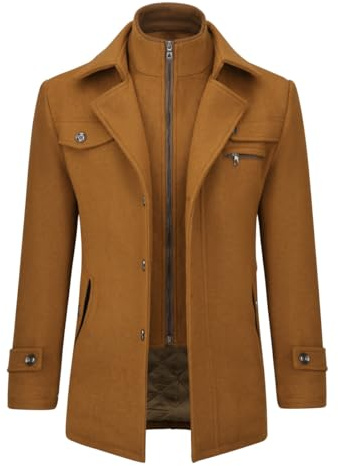 Allthemen herr vinterrock ull kort rock ståkrage ullrock medellång kappa vinter vinterjacka business peacoat slim fit casual, Khaki (vadderat innerfoder), S