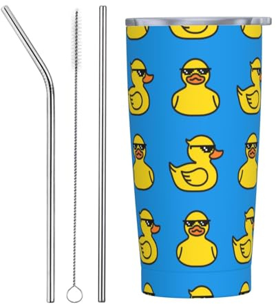 VOSERY Botella de agua de 20 onzas con tapa y popote, diseño de pato lindo de dibujos animados con vasos, vaso aislado de acero inoxidable, taza de café de viaje, vaso personalizado