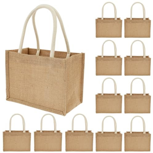 Fyeme 12 Stück Jutetaschen Set mit Tragegriffen 23×11×16cm Jutebeutel Klein Wasserdicht Wiederverwendbare Faltbar Jutetasche zum Brautjungfern Geschenktüten Einkaufstaschen Reisetaschen