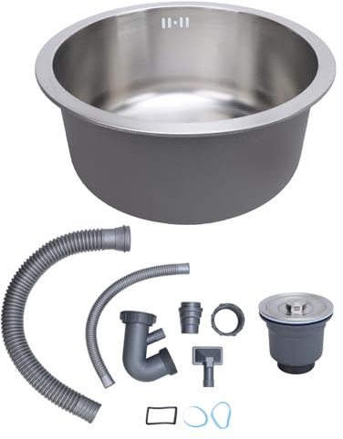Natudeco évier de cuisine 42 cm en acier inoxydable rond à encastrer simple bol évier de barre pour légumes fruits lavage vaisselle (Tréfilage)