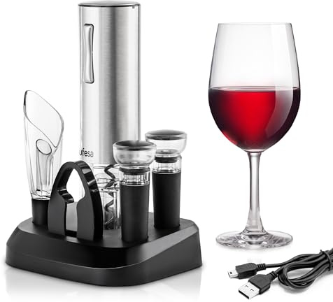 Ufesa Set Sacacorchos Eléctrico EasyPack, Abridor Botellas Vino con Luz LED, Descantador, Tapón Sellador y Extractor de Aire, Base de Carga y Almacenamiento, Inalámbrico, Cable USB C y Micro USB inclu
