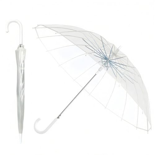 Durchsichtiger Regenschirm Transparent, Automatisch öffnender Groß transparenter Regenschirm mit großer Schirmkuppel, Wind- & Wasserdichter Stockschirm für Reisen oder Hochzeiten (Klar Weiß-16 Rippen)