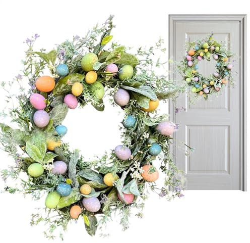 Osterkranz, Frühlingskranz mit künstlichen Pastell-Ostereiern, bunte Frühlingseier für Haustür, künstliche Party mit Eiern und Blumen, Blume mit Eiern für den Osten