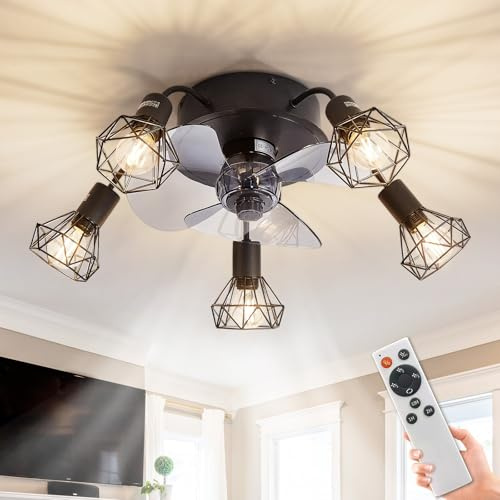Depuley Modern Ceiling Fans with Spotlights: Black 5 Way Metal Cage Shade Spot Light with Fan for Bedroom - 5*E14 Bulbs and Fan Combo with Remote Control Reverse Quiet DC Motor Timer