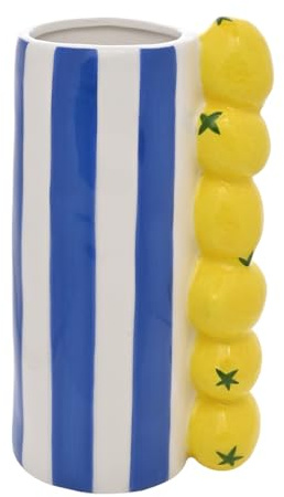 Hestia Vase Citron avec Rayures Bleues - Vase en Céramique de Style Méditerranéen pour Fleurs Fraîches ou Faux Fleurs Décor de Citron Fantaisie - H 21 cm x l 11 cm