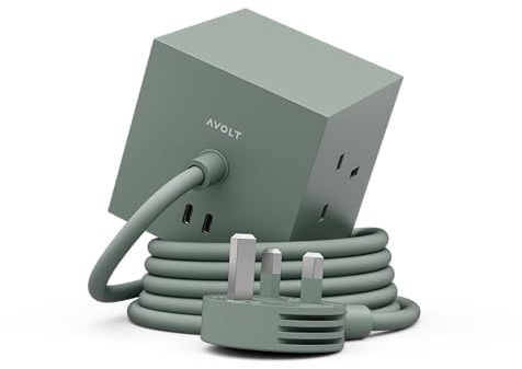 Avolt Square 1 Travel Extension Lead Cube, 1.8m, 3 UK Sockets & 2 USB-C | Oak Green – magnetic power cube, USB-C 30W charging; ideal for home offices and calming interiors