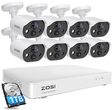 ZOSI 3K Lite Security Camera System with AI Human Vehicle Detection, 8Pcs 1920TVL 2MP Home CCTV Cameras Indoor Outdoor, Night Vision, One-Way Audio, H.265+ 8CH DVR with 1TB HDD for 24/7 Recording