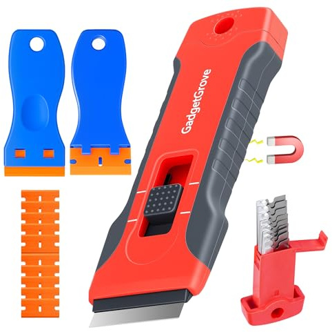 Razor Blade Scraper with 2 Pcs Plastic Scraper, Scraper Tool for Cooktop, Oven, Stove, Labels Decal, Plastic Blades for Clean Glass Window, Scraper Buit-In Blade torage, Upgraded Lock Mechanism,Gray