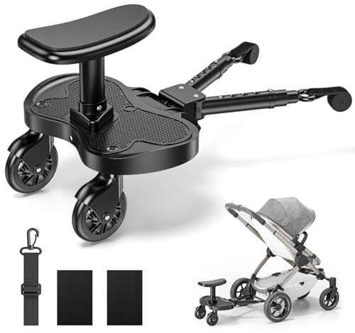 Universal Buggy Board with Seat, Larger Standing & Seating Platform for Toddlers 2-6 Years (25kg), Fits 99% Prams, Easy to Install, Ideal for Families with Two Kids