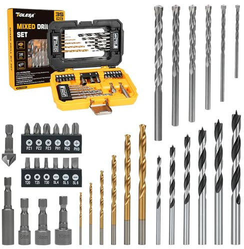 TOLESA 35tlg. Bohrer Set, Mixed Bohrerset mit Titan-Metallbohrern, Holz- & Steinbohrern, Bit Bohrer Set mit Nussadaptern, Senker & Koffer