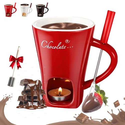 fjaldjfu Meltie Cup, Sweet Chocolate Fondue Cup, Chocolate Melting Mug, 2026 New Portable Soft Cheese Fondue Mug Set with Forks and Candle, for Date Night, Birthday, Wedding and More (Red)