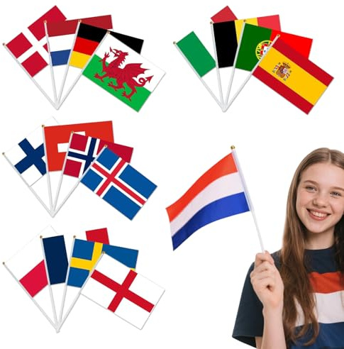 16 Stück Euro Frauenfußball EM Mini Flaggen – Doppelseitige Stoffflaggen mit Stab, 14x21 cm, für Europa Damen Fußball EM Deko, Haus, Garten, Bar und Party