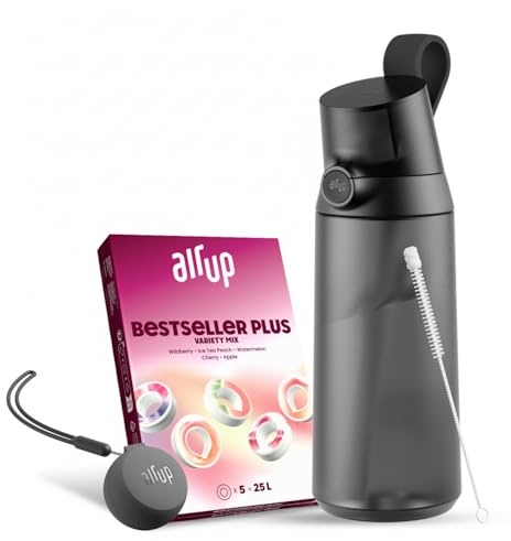 air up Click Trinkflasche Midnight Black 600 ml - Starter-Pack mit 5 Kapseln, Strohhalmbürste und Twogo-Etui in Schwarz | Zuckerfrei, BPA-frei