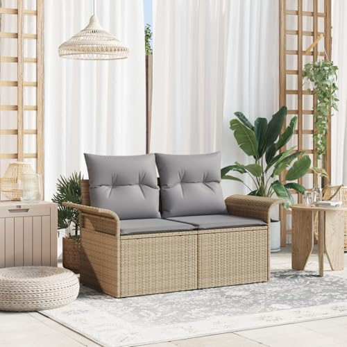 IBUQDDV Gartensofa 2-Sitzer mit Kissen Beige Poly Rattan für Terrasse und Balkon, Wetterfestes Outdoor Sofa mit UV-beständigem synthetischem Rattan und bequemen Polstern, Modernes