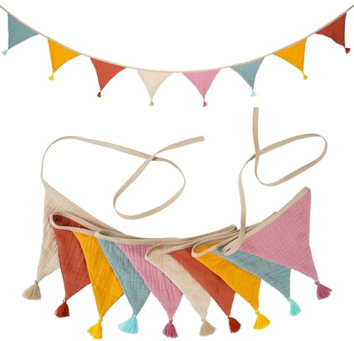 2.6m Girlande Wimpelkette Kinderzimmer Stoff mit Quasten | Musselin Baumwolle Wimpelkette Outdoor Wetterfest Kinderzimmer Deko für Hausbett, Babybett,Wanddeko,Birthday,Party