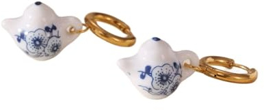Boucles d'oreilles en porcelaine bleu-blanc nouveau style chinois, design frais et doux, avec boîte pour femme anniversaire, fête des mères, saint valentin, Petit, Céramique Acier inoxydable