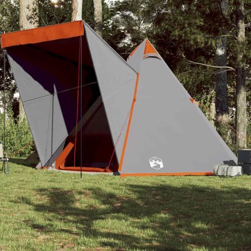 HengCaDa Tipi-Familienzelt für 6 Personen grau orange wasserdicht mit abnehmbarem Überzelt und E-Anschluss, Polyester PU-beschichtet, Winddicht, mit Vorzelt