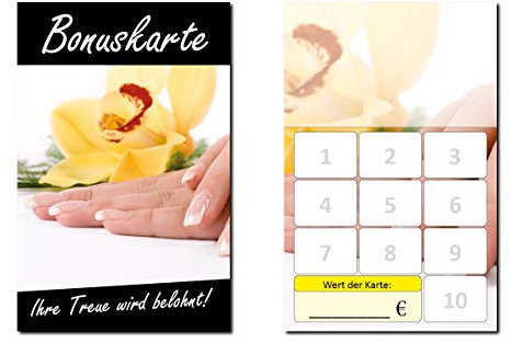 500 Stück Bonuskarten Nagelstudio gelb Wellness Kosmetik (BOK-419) mit 10 Stempelfeldern Treuekarten Massage Beauty