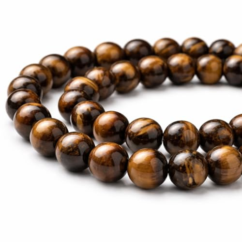 Perlin Tigerauge Perlen 10 mm Rund Naturstein Schmuckperlen Braun mit Loch für Herren Damen Armband Statement Schmuck DIY Basteln große Größe 12 Stück G75