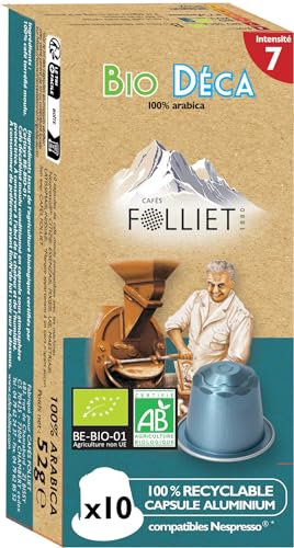 CAFÉS FOLLIET - Café En Capsule - Décaféiné - Compatible Nespresso - Torréfaction traditionnelle - Intensité 7/10-100% Arabica - Café vert - 10 Capsules