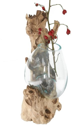 Wandvase aus Wurzelholz, exotisches Deko-Objekt, Glas 20 * 20 cm M9 | Vielseitig einsetzbar, für Blumen oder als Kerzenhalter, individuelle Form, Recyclingglas, Wandmontage möglich
