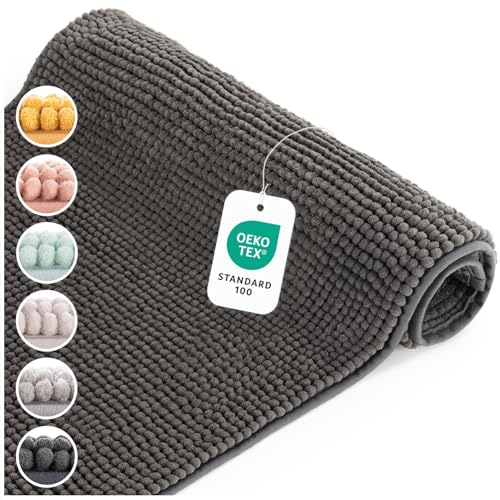 Blumtal Badematte 50x80 cm Hochflor Chenille - Oeko-TEX zertifizierter Badteppich - Badematten & Badteppiche - Duschvorleger - Badvorleger rutschfest - Bath Mats - Bad Teppich waschbar in Dunkelgrau