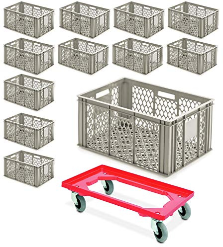 12x Eurobehälter durchbrochen 600x400x280 mm, 56 Liter, kieselgrau Plus Transportroller mit Flüsterrollen