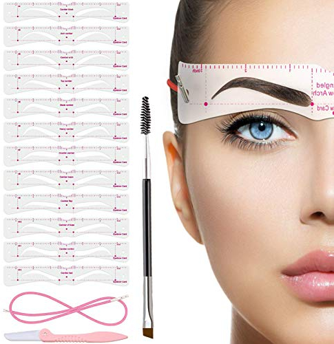 TEUVO 12 Stili Stencil Sopracciglia per i Principianti per 3 minuti Trucco, Kit Stencil per Sopracciglia con Spazzola e Rifinitore per Sopracciglia per Crea Sopracciglia Perfette