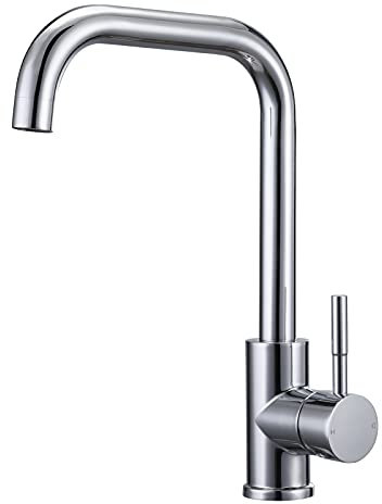 Kitchen Sink Mixer Tap Monobloc Single Lever Kitchen Tap 1 Hole with 360° Swivel Spout, L-Shaped Mono Sink Faucet with Hot and Cold Hoses, Chrome