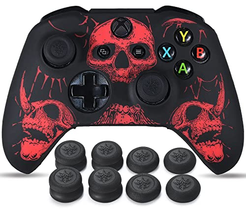 YoRHa Laserschnitzen Silikon Hülle Haut für Xbox One S/X Controller x 1 (Rot) mit Pro Thumb Grips Aufsätze x 8