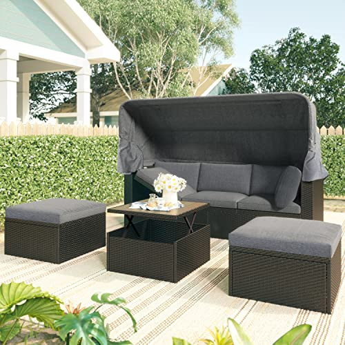 Quarte Outdoor Patio Rectangle Daybed with Retractable Canopy,All-Weather Wicker Sectional Furniture Set with Cushions and Lifting Table for Backyard, Porch (Grey+O)
