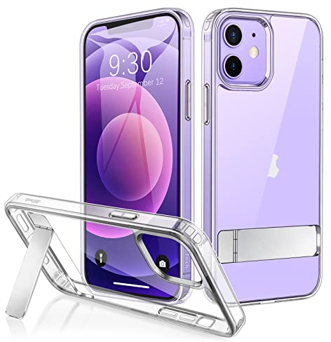 JETech Hülle Kompatibel mit iPhone 12 Mini 5,4 Zoll mit Ständer, Unterstützung Kabelloses Laden, Dünne Stoßfeste Stoßstange Handyhülle, 3-Wege-Metallständer (Durchsichtig)