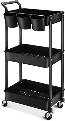 HBTower Rollwagen aus Kunststoff，Küchenwagen 3 Etagen, Servierwagen, mit extra hängenden Tassen, feststellbare Räder für Wohnzimmer, Küche, Büro, Schwarz