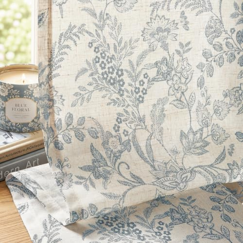 Lazzzy Leinen-Vorhänge mit Blumenmuster, 160 cm lang, mit Rückenschlaufen, für Wohn- & Schlafzimmer, halbtransparent, Landhausstil, Vintage, Stangentasche, 2 Paneele, Blau auf Beige