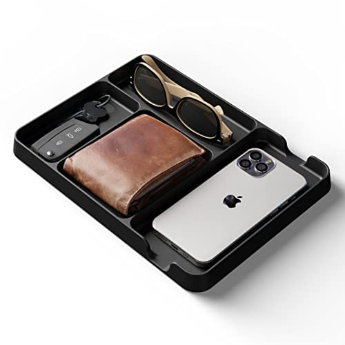 Pocket Deck für alltägliche Objekte, Valet Organizer-Tablett für Männer. Aus Bambusfaser. Fächer für Schlüssel, Schmuck, Ladestation, Brieftasche. Büro Dekor, Nachttisch & Herrenzimmer (Schwarz)