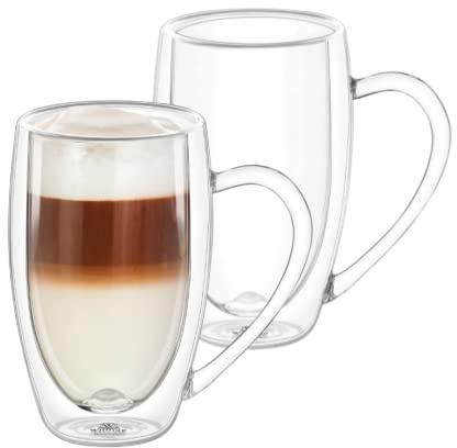 Wilmax | Doppelwandige Thermogläser mit Henkel | 2er-Set | 400 ml | Thermotassen | Latte Macchiato Gläser Set | Cappuccino Gläser mit Henkel | Kaffeegläser | Teegläser | Trinkgläser