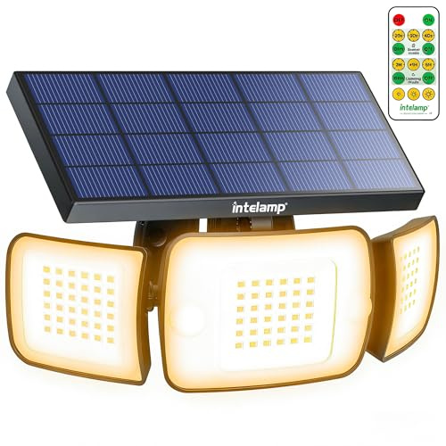 intelamp Solar Warmlicht Outdoor 6000mAh Batterie Solar Sicherheit Bewegungsmelder Licht mit Fernbedienung Hohe Helligkeit IP65 Wasserdicht LED Flutlichter Gartenleuchten