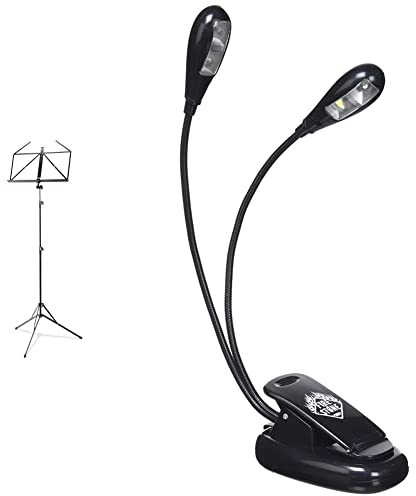 K&M 10052 Notenpult Schwarz – extra hoher Notenständer - 64 bis 150 cm langes, ausziehbares Metall-Stativ & Fire & Stone 901518 Notenpultleuchte, zwei LEDs pro Schwanenhals