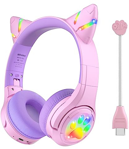 Riwbox CF9 Cat Ear Kids Bluetooth Headphones with LED Light Up,Safe 85dB Volume Limit,Built-in Mic&Boom Mic for Calls,Kids Wireless&Wired Headphones for Tablet/Airplane/School/Online Learning (Purple)
