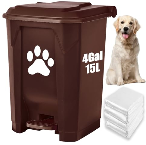 tebiete Dog Poop Trash Can Outdoors Pet Waste Station with Lid Dog Waste Disposal Container with Removable Inner Bin Bucket Hands-Free Pedal Garden Yard Home with Waste Bags, Brown