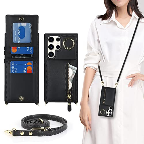 CAVOR Handykette Handyhülle Kompatibel mit Samsung Galaxy S23 Ultra Hülle Mit Band,Flip Leder Geldborse Hülle,[4 Kartenfach][Mit Ring][Tasche mit Zipper‌],Handytasche zum Umhängeband - Schwarz