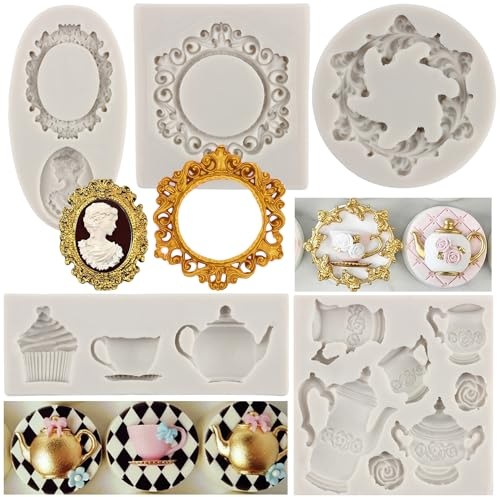 MYPRACS Lot de 5 moules à gâteau en silicone avec cadre photo - Moule à théière, tasses à thé, couronne, moule à chocolat pour décoration de gâteau de fleurs, décoration de cupcakes, bonbons, argile