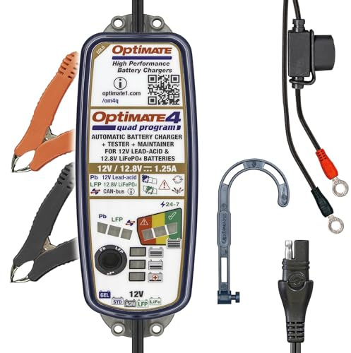 Optimate 4 Quad Program, TM631, Serie Dorada: Cargador y mantenedor de Ahorro de batería Sellado de 9 Pasos 12V/12.8V 1.25A
