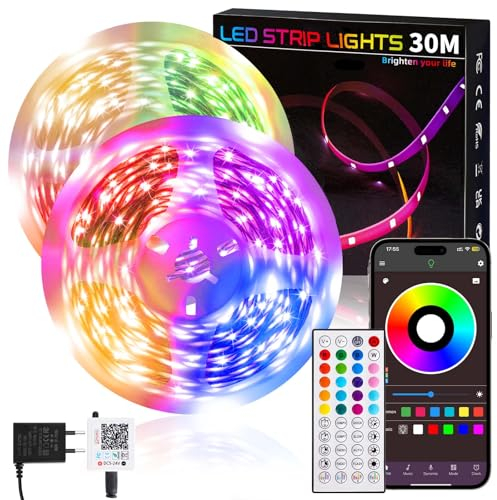 LED Strip 30m RGB LED Streifen mit Fernbedienung und APP, Selbstklebend LED Lichterkette Led Band, Dimmbar Bluetooth LED Leiste Musik Sync, Timer-Einstellung FüR Zimmer, Tv,Küche, Party Deko