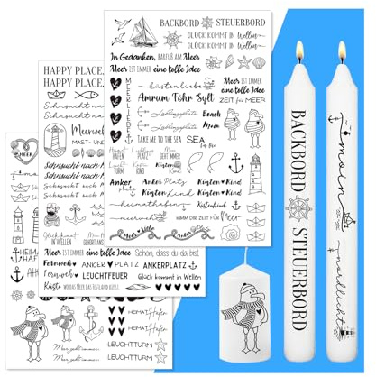 Kerzentattoos,Kerzensticker und Kerzentattoos im maritimen Stil | darunter Wasserschiebefolie mit Motiven wie Möwen, Meer, See und Anker, sowie Sprüche für Kerzen oder Keramik. (Meer)