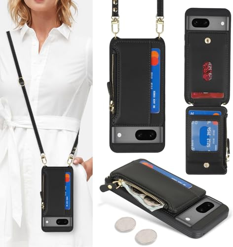 SailorTech Schutzhülle für Google Pixel 7, mit Kreditkartenfach für Damen, Google Pixel 7, Leder, Brieftasche, Crossbody, mit Kartenfächern, Reißverschluss, stoßfest, für Herren, Schwarz
